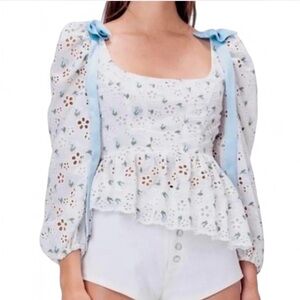 For Love And Lemons Wild Cherry Eyelet Ruffle Cream and Blue Women’s Blouse